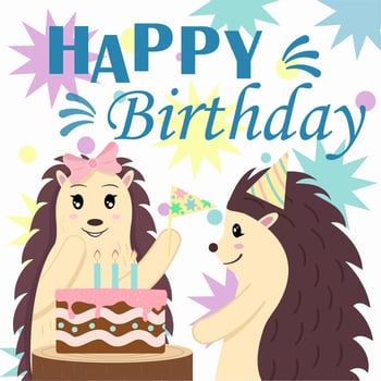 Festive card with cute hedgehogs, vector illustration, celebration birthday
