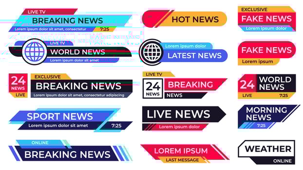 Breaking news banner. Broadcasting screen bars, television banners and live TV sport news frame vector set