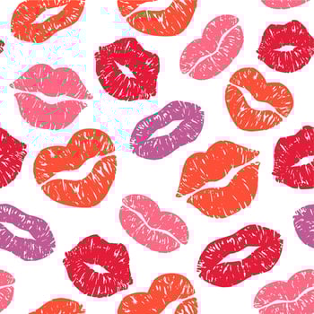 Lips print seamless pattern. Kiss prints with texture, color girls lips vector illustration