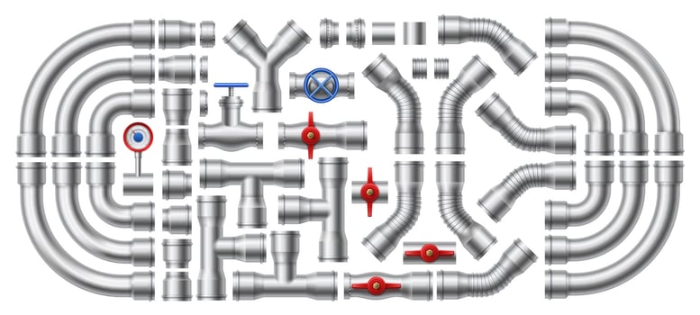 Metal pipeline. Steel pipes, pipe connectors and industrial valves vector illustration set