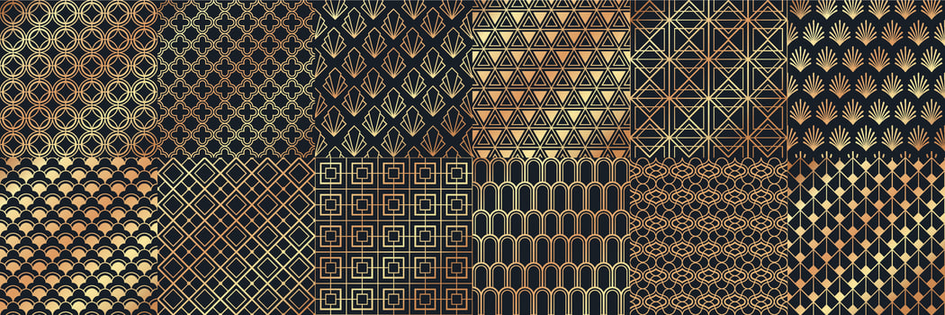 Golden art deco seamless patterns. Luxury decorative geometrical ornaments, gold geometric shapes and vintage pattern vector set