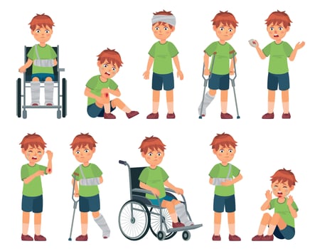 Kid with injury. Boy bruised hand, broke leg and arm. Injuries head, sport injuries and wheelchair vector cartoon illustration set