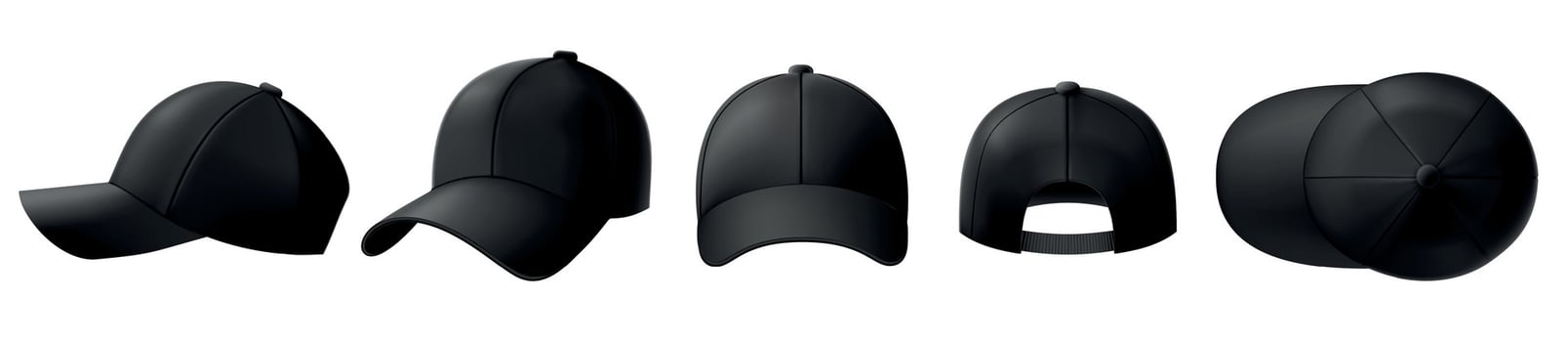 Black cap mockup. Baseball caps, sport hat template and realistic 3D top view cap vector illustration set