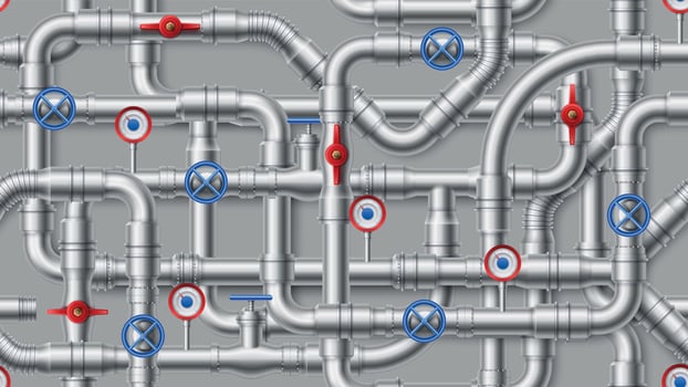 Industrial pipeline pattern. Steel water pipes, metal pipe with valve seamless vector background illustration