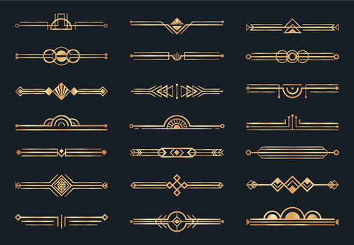 Golden art deco dividers. Decorative geometric border, retro gold dividers and luxury 1920s decoration elements vector set
