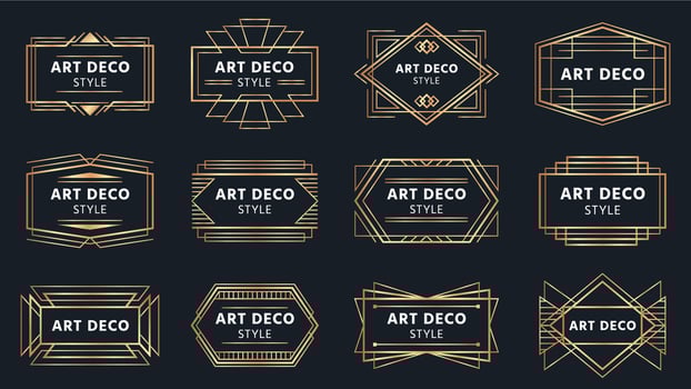 Golden art deco badges. Gold frame label, decorative badge and geometric frames vector set