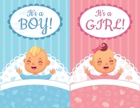 Baby shower cards. Its a Boy and Girl label, cute baby cartoon vector illustration set