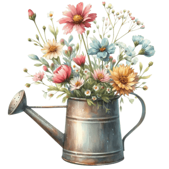 Generated ai, Watercolor vintage watering can with flowers. Hand painted illustration. png