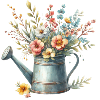 Generated ai, Watercolor vintage watering can with flowers. Hand painted illustration. png