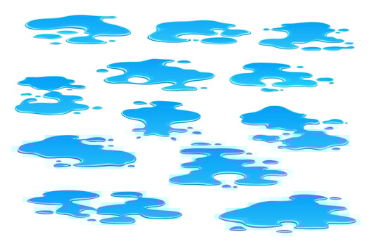 Cartoon rain water puddles. Liquid splash, leakage vector