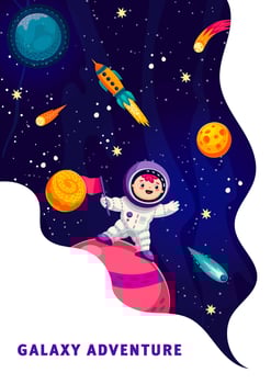 Cartoon kid astronaut on space planet poster vector