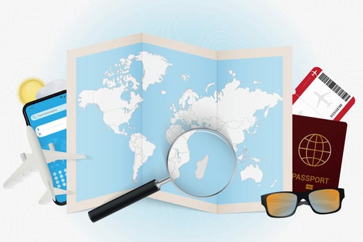 Travel destination Madagascar, tourism mockup with travel equipment and world map with magnifying glass on a Madagascar. vector