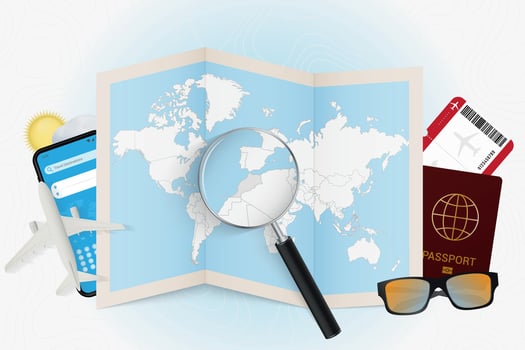 Travel destination Morocco, tourism mockup with travel equipment and world map with magnifying glass on a Morocco. vector