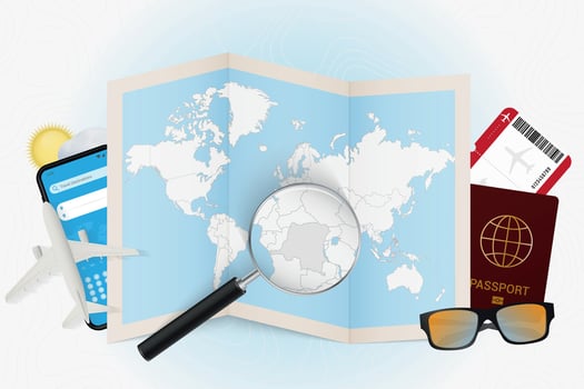 Travel destination DR Congo, tourism mockup with travel equipment and world map with magnifying glass on a DR Congo. vector