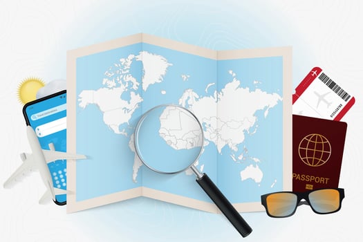 Travel destination Sierra Leone, tourism mockup with travel equipment and world map with magnifying glass on a Sierra Leone. vector