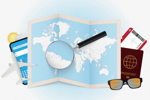 Travel destination French Guiana, tourism mockup with travel equipment and world map with magnifying glass on a French Guiana. vector