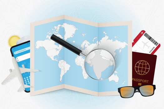 Travel destination India, tourism mockup with travel equipment and world map with magnifying glass on a India. vector