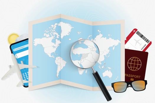 Travel destination Syria, tourism mockup with travel equipment and world map with magnifying glass on a Syria. vector