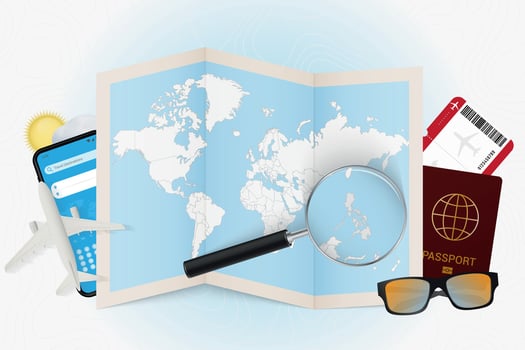 Travel destination Philippines, tourism mockup with travel equipment and world map with magnifying glass on a Philippines. vector