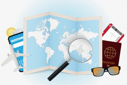 Travel destination Myanmar, tourism mockup with travel equipment and world map with magnifying glass on a Myanmar. vector