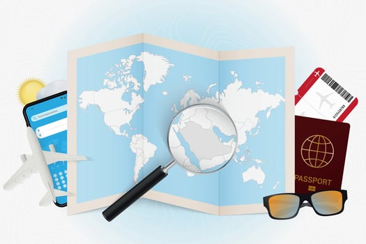 Travel destination Saudi Arabia, tourism mockup with travel equipment and world map with magnifying glass on a Saudi Arabia. vector