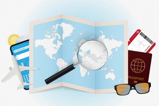 Travel destination Uzbekistan, tourism mockup with travel equipment and world map with magnifying glass on a Uzbekistan. vector