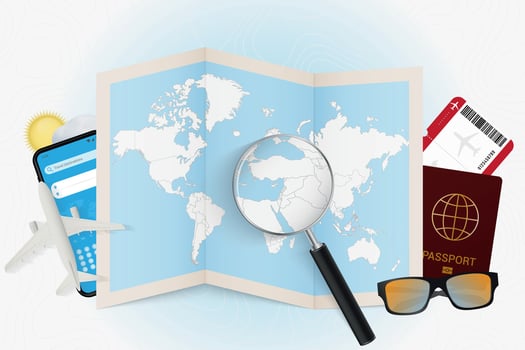 Travel destination Lebanon, tourism mockup with travel equipment and world map with magnifying glass on a Lebanon. vector