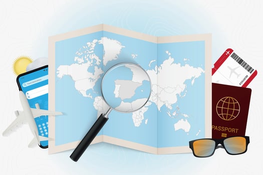 Travel destination Spain, tourism mockup with travel equipment and world map with magnifying glass on a Spain. vector