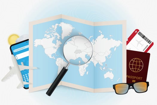 Travel destination Switzerland, tourism mockup with travel equipment and world map with magnifying glass on a Switzerland. vector