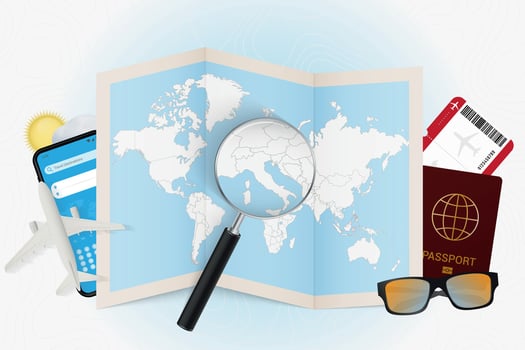 Travel destination San Marino, tourism mockup with travel equipment and world map with magnifying glass on a San Marino. vector
