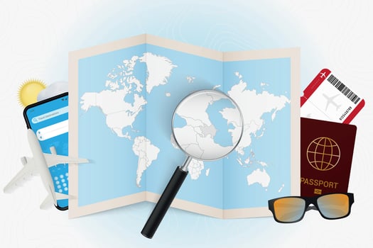 Travel destination Azerbaijan, tourism mockup with travel equipment and world map with magnifying glass on a Azerbaijan. vector