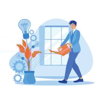 Businessman watering plants in pots. Symbolizes new business growth ideas. Growth Analysis Concept. trend modern vector flat illustration