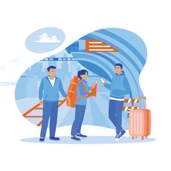 A multiethnic group of friends using maps and smartphones on a train station platform. Take a tourist trip by train. Tourist Guide concept. trend modern vector flat illustration