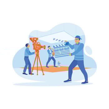 Camera assistant holding clapperboard. The cameraman takes a video shot of a model playing a musical instrument in the studio. Video Editor concept. trend modern vector flat illustration