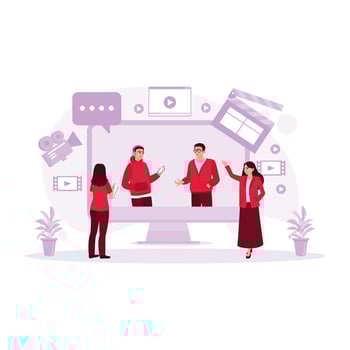 Female director talking with the assistant while watching a movie scene on the TV screen. Film Production Concept. trend modern vector flat illustration