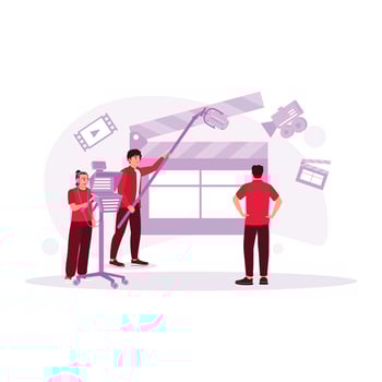 The film crew recorded a scene of a male artist standing before a window. Film Production Concept. trend modern vector flat illustration
