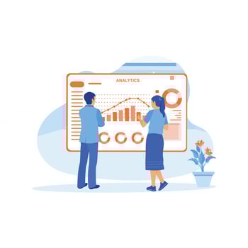 Brokers and financial specialists standing in front of a digital screen. They analyze company finances. Finance control scenes concept. trend modern vector flat illustration