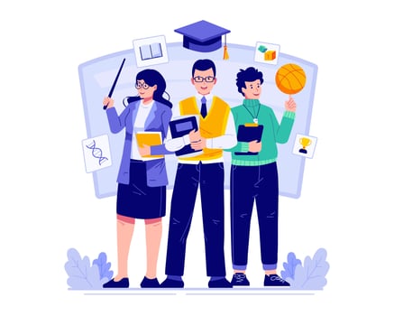 Happy Teachers Day With a Group Three of Teachers From Various Subjects Standing Together. World Teachers Day Celebration vector