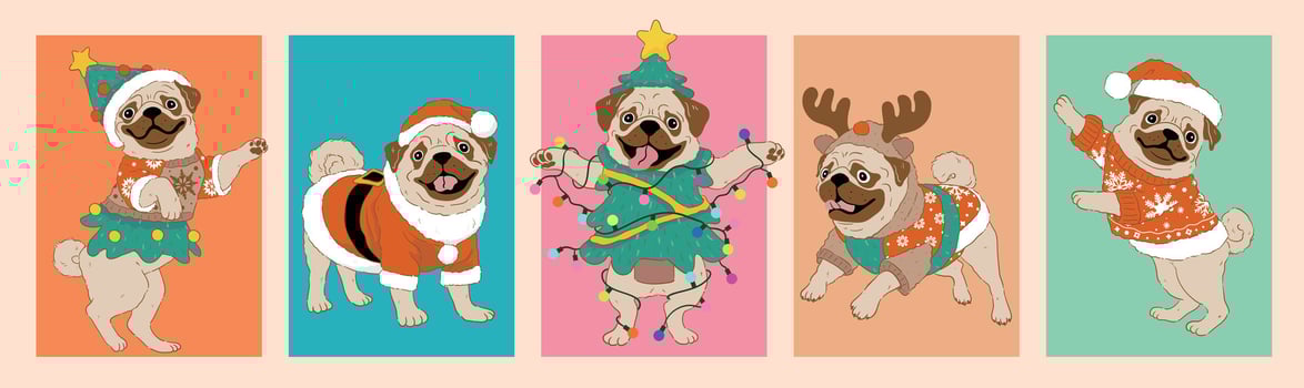 Cartoon pug Bulldog dog wearing christmas costumefor christmas day illustration Premium Vector