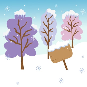 Trees and wooden sign covered by snow in the winter seasonal with the snow flake falling down. flat vector illustration in wintertime.