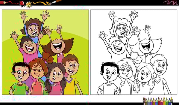 cartoon children and teens characters group coloring page vector