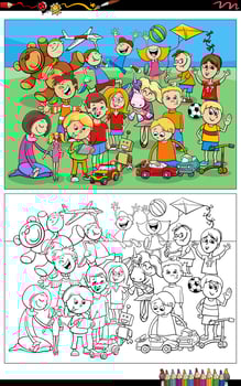 cartoon children and toys characters group coloring page vector