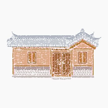 Editable Vector Illustration of Wide Traditional Hanok Korean House Building in Brush Strokes Style for Artwork Element of Oriental History and Culture Related Design