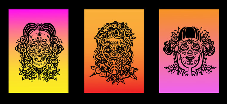 Day of the Dead woman with sugar skull face. Collection silhouette icons vector