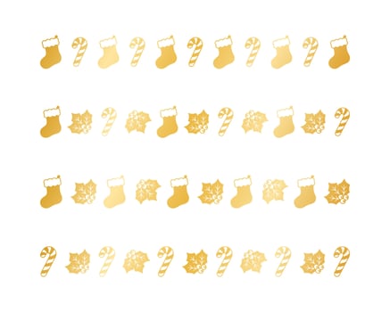 Gold Christmas themed decorative border and text divider set, Christmas Stocking, Candy Cane and Mistletoe Pattern Silhouette. Vector Illustration.