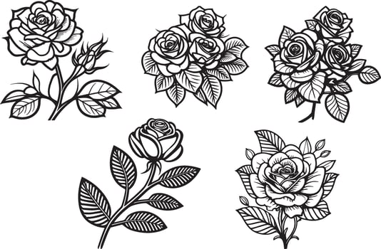 Rose Flower Clipart Black White Images. Hand drawn roses. Sketch rose flowers with leaves vector