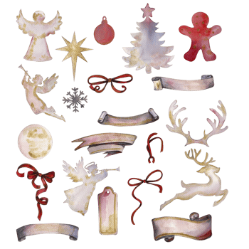 Christmas silhouette of angels and deer. Watercolor Christmas hand drawn illustration of ribbons, bows and stickers . png