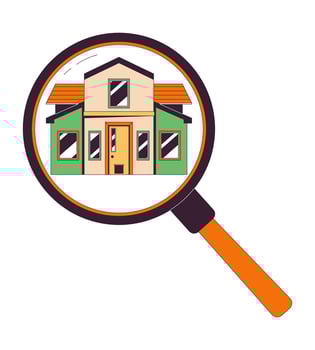 Loupe searching house 2D linear cartoon object. Agency real estate magnifying glass isolated line vector element white background. Rent property. Magnifier home renting color flat spot illustration