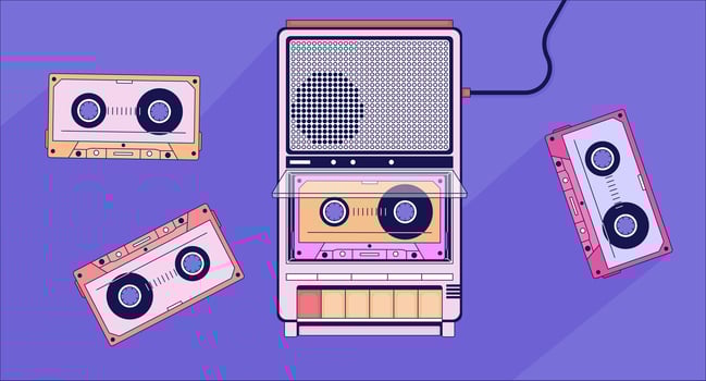 Old fashioned player cassette tapes lofi wallpaper. Portable device vintage 2D objects cartoon flat illustration. Retro compact recorder music 80s chill vector art, lo fi aesthetic colorful background