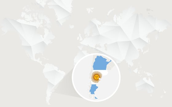Argentina map with flag in contour on white polygonal World Map. vector